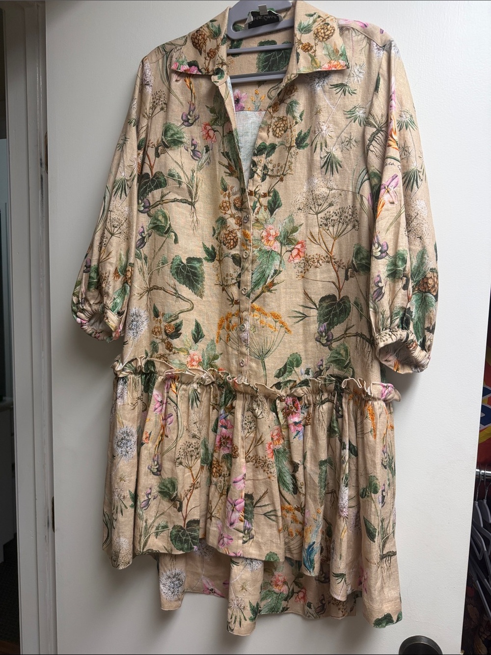 Floral Print Tiered Button Dress - Beige Green Pink